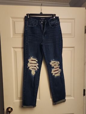 Judy Blue Dark Blue Distressed Boyfriend Jeans with Red Stripe Underlay